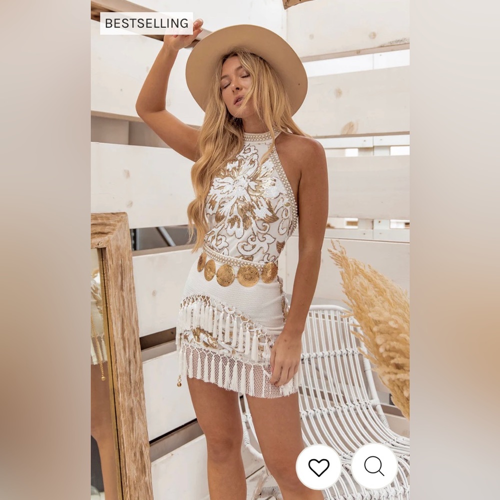 12th tribe Like Gold Dust White Sequin Fringe Dress